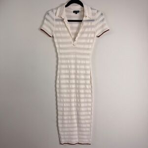JLUXLABEL Cream Pointelle Crochet Knit Polo Midi Dress Short Sleeve Size Small